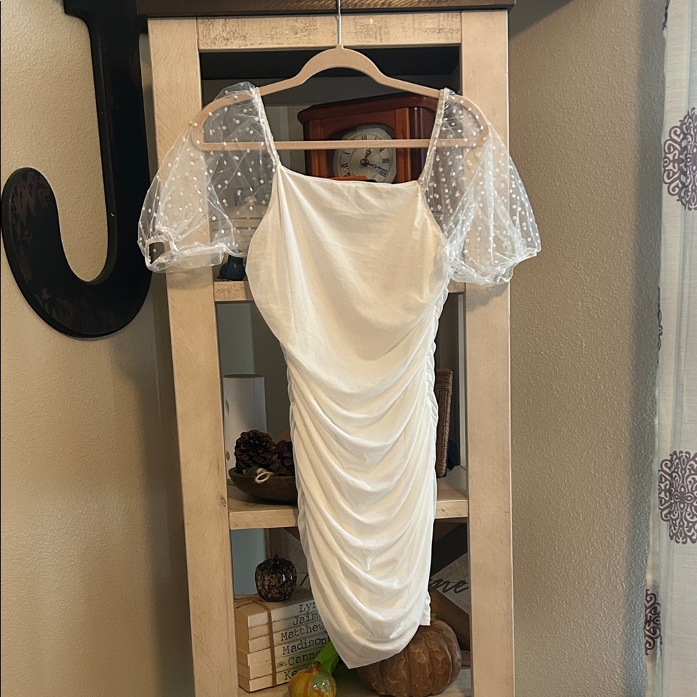 White Ruched Dress with Sheer Polka Dot Sleeves